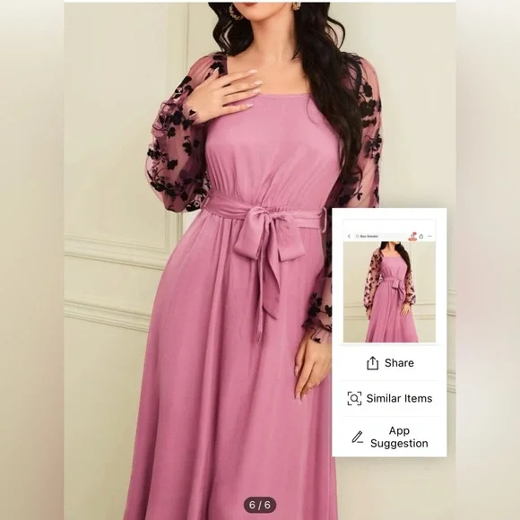 Brand New Floral Print Mesh Bishop Sleeve Belted Dress - Picture 5 of 6